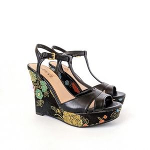 Guess Lavandi Black Floral Wedge Strappy Sandals
